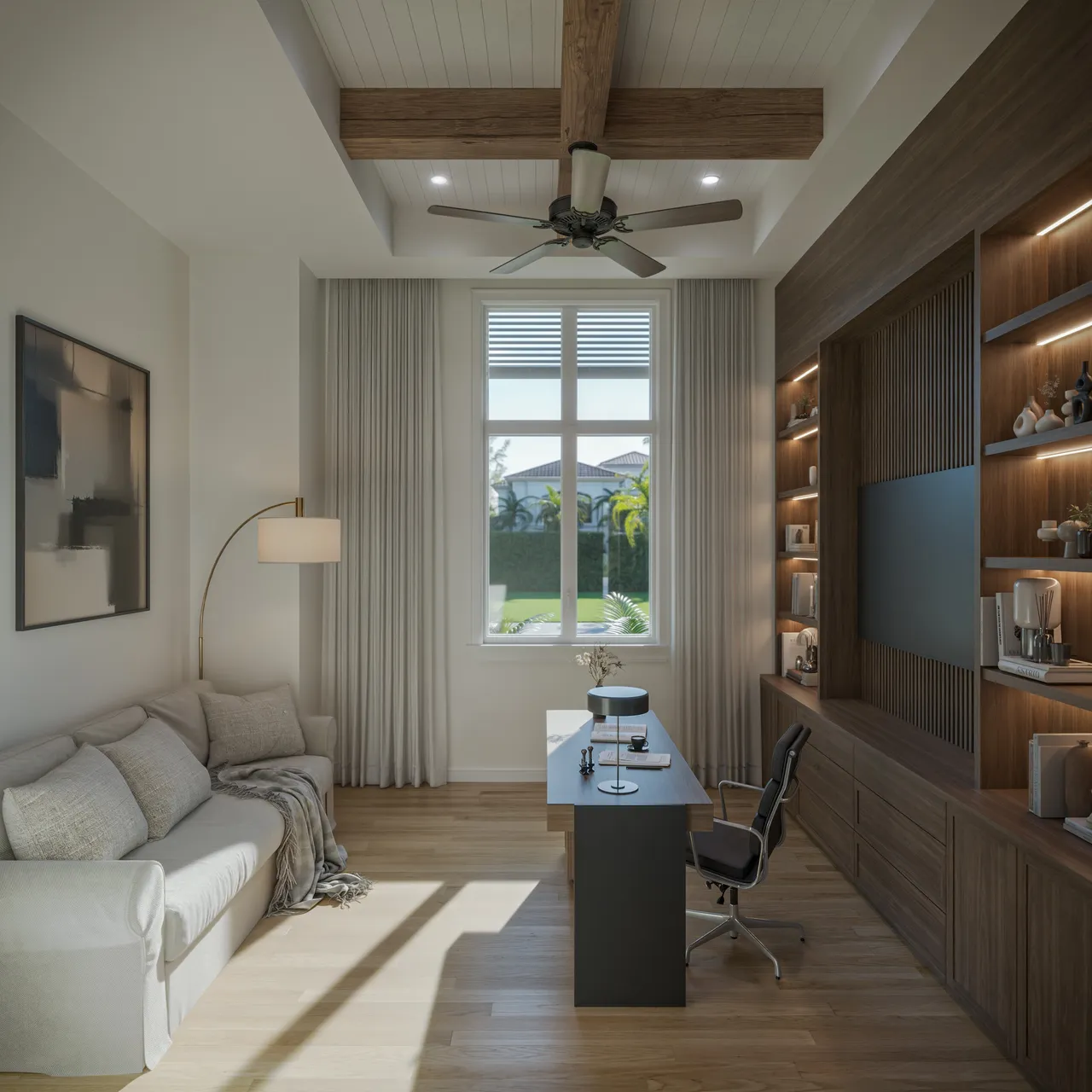 Bedroom interior rendering with plantation shutters at the Naples residence