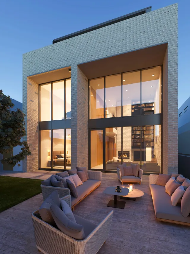 High‑end 3D interior rendering of an open‑plan living room and kitchen with minimalist décor