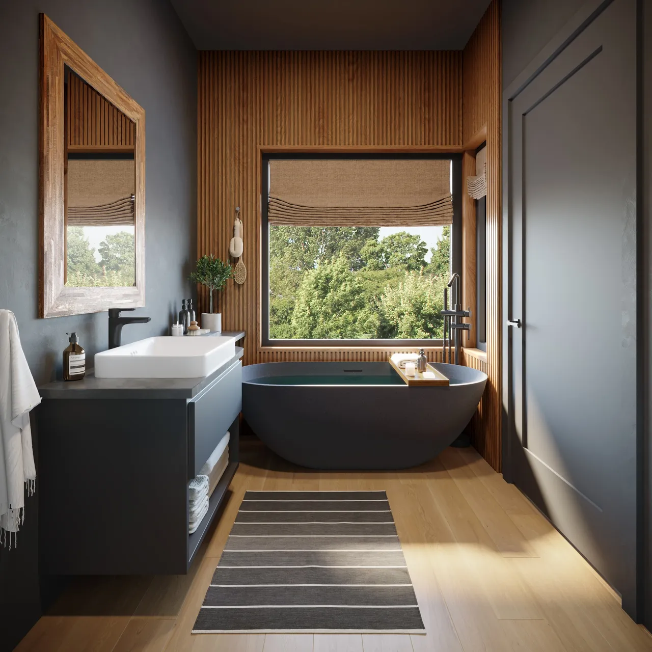 3D interior rendering of a modern bathroom with a freestanding matte-black soaking tub, wood-slat accent wall, floating concrete vanity, and a large window overlooking green trees