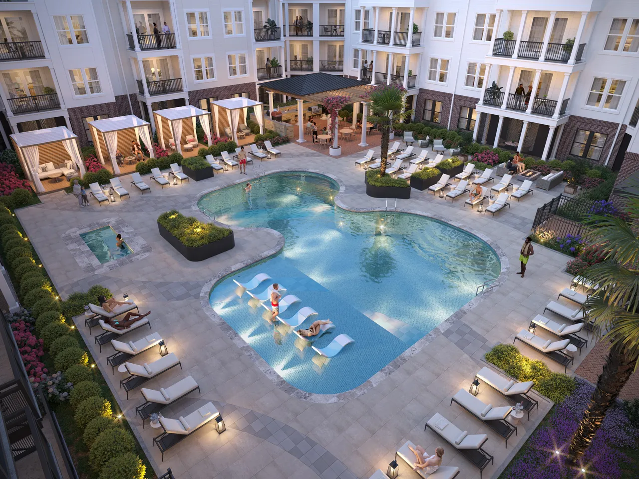 3D aerial rendering of a luxury apartment complex courtyard at dusk with a resort-style pool, lounge chairs, private cabanas, and surrounding multi-story residential buildings
