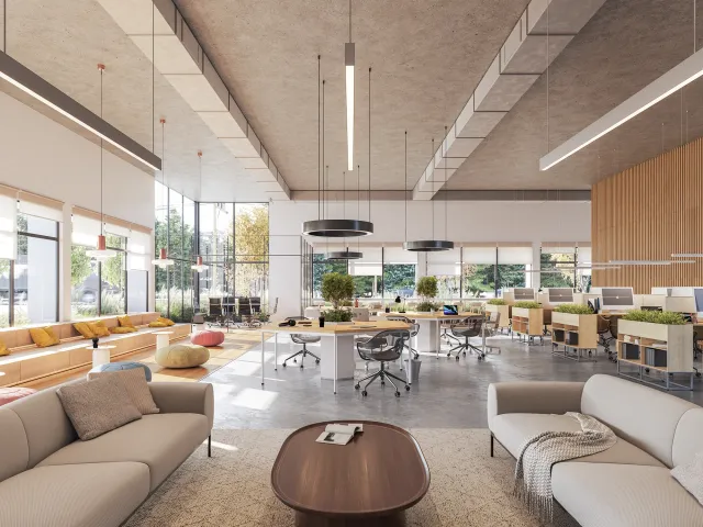 Photorealistic 3D rendering of a modern co‑working space office interior with sleek desks, lounge seating, and abundant natural light
