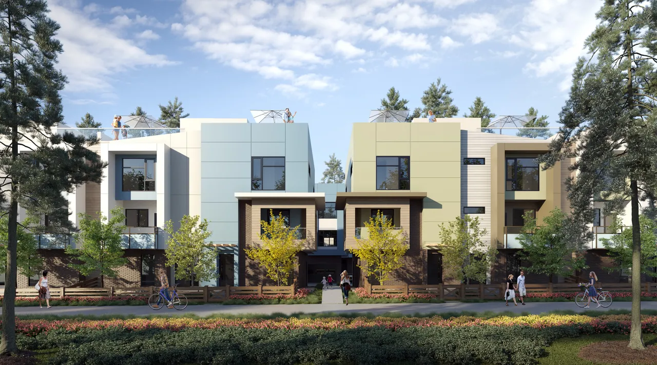 Photorealistic 3D rendering of a modern single-story home featuring wood and dark panel siding, large windows, and a landscaped front yard, set in a lush, forested environment under a clear blue sky.
