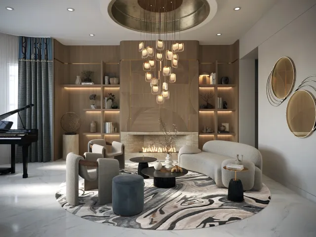 Photorealistic 3D visualization of a luxury lounge showcasing a statement chandelier, curved seating, and marble‑patterned area rug