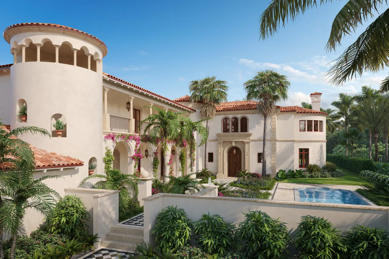 Photorealistic rear courtyard and swimming pool rendering of the luxury residence at 1519 N Ocean Way in Palm Beach
