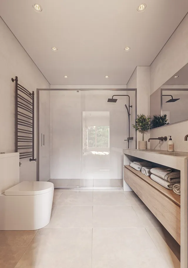 Architectural visualization of a luxury bathroom featuring a freestanding tub, walk‑in shower, and minimalist wooden vanity