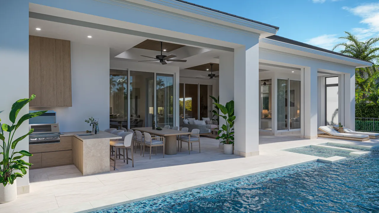 3D exterior rendering of a luxury home patio with an outdoor kitchen, covered lounge, and swimming pool
