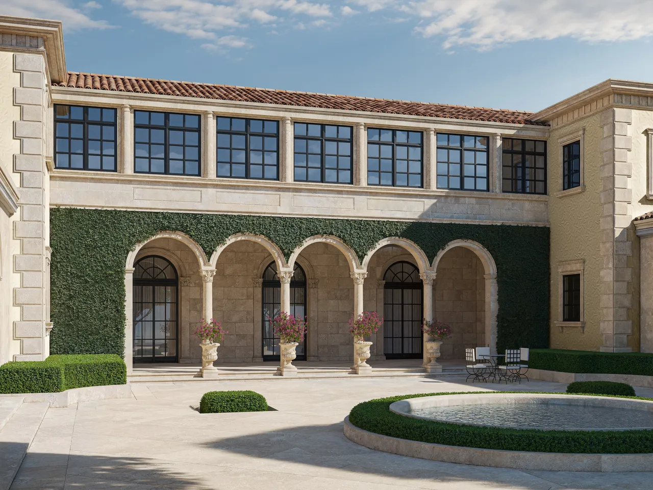 Existing arched loggia exterior before renovation at 1500 S Ocean Boulevard in Palm Beach