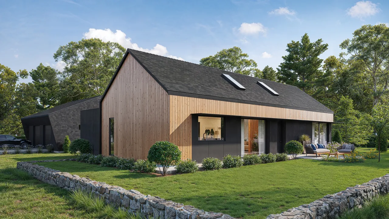 Photorealistic 3D rendering of a modern single-story home featuring wood and dark panel siding, large windows, and a landscaped front yard, set in a lush, forested environment under a clear blue sky.