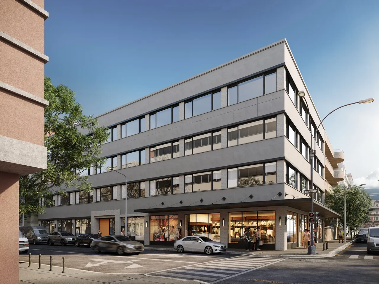 3D exterior rendering of a modern four-story mixed-use building on a city street corner, with a concrete and stone facade, ground-floor retail storefronts, parked cars, and pedestrians under a clear blue sky