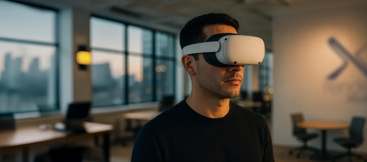 High‑quality 3D image of a person wearing a virtual‑reality headset in an architectural studio, standing at a desk with multiple monitors and a blurred cityscape visible through the windows.