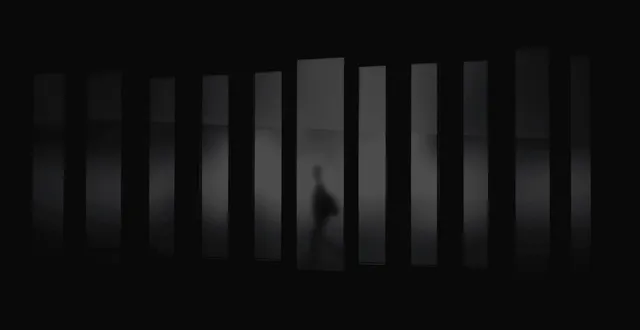 Dark abstract background with vertical translucent panels revealing a blurred silhouette of a person walking behind, evoking a mysterious and minimalist atmosphere.