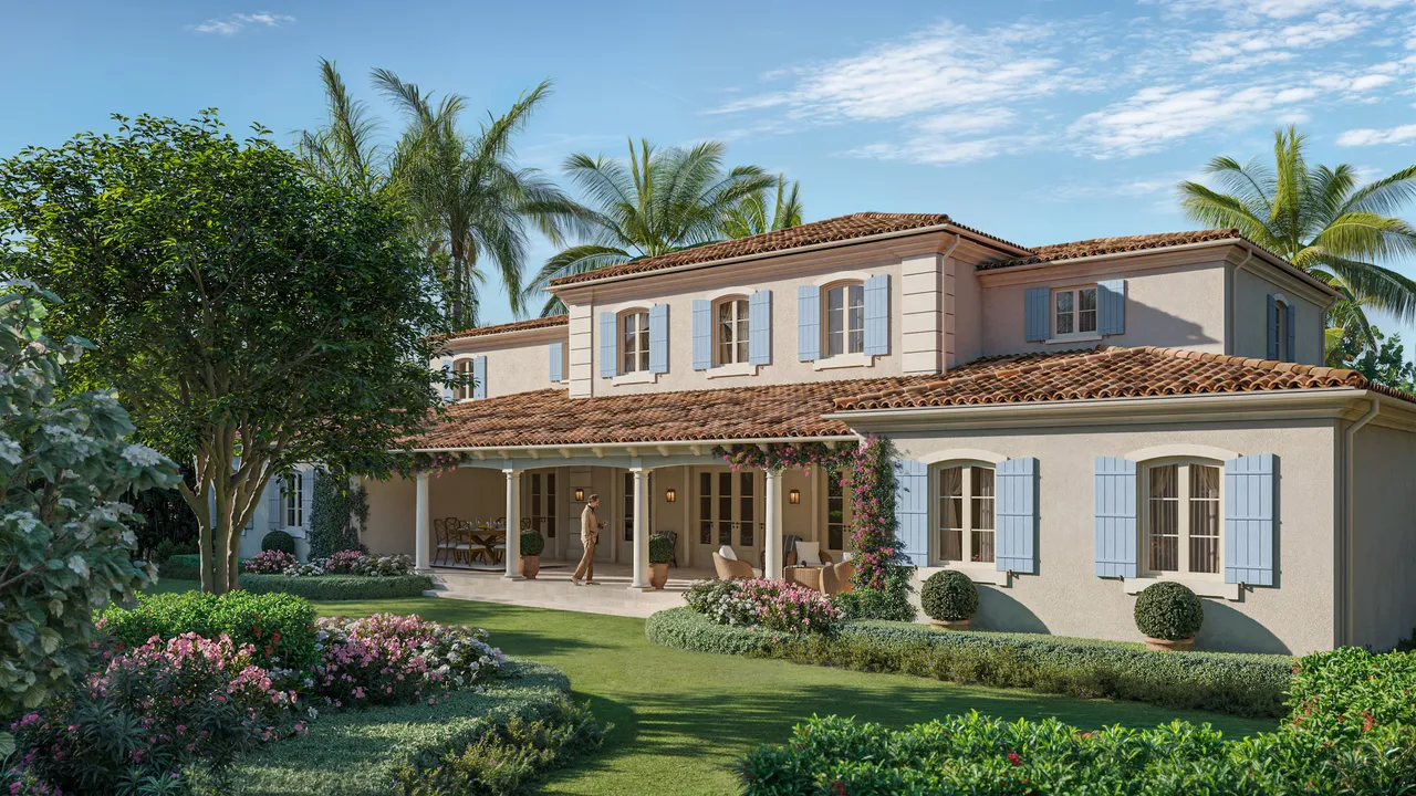 Photorealistic landscaped exterior view of the Via Las Brisas residence in Palm Beach