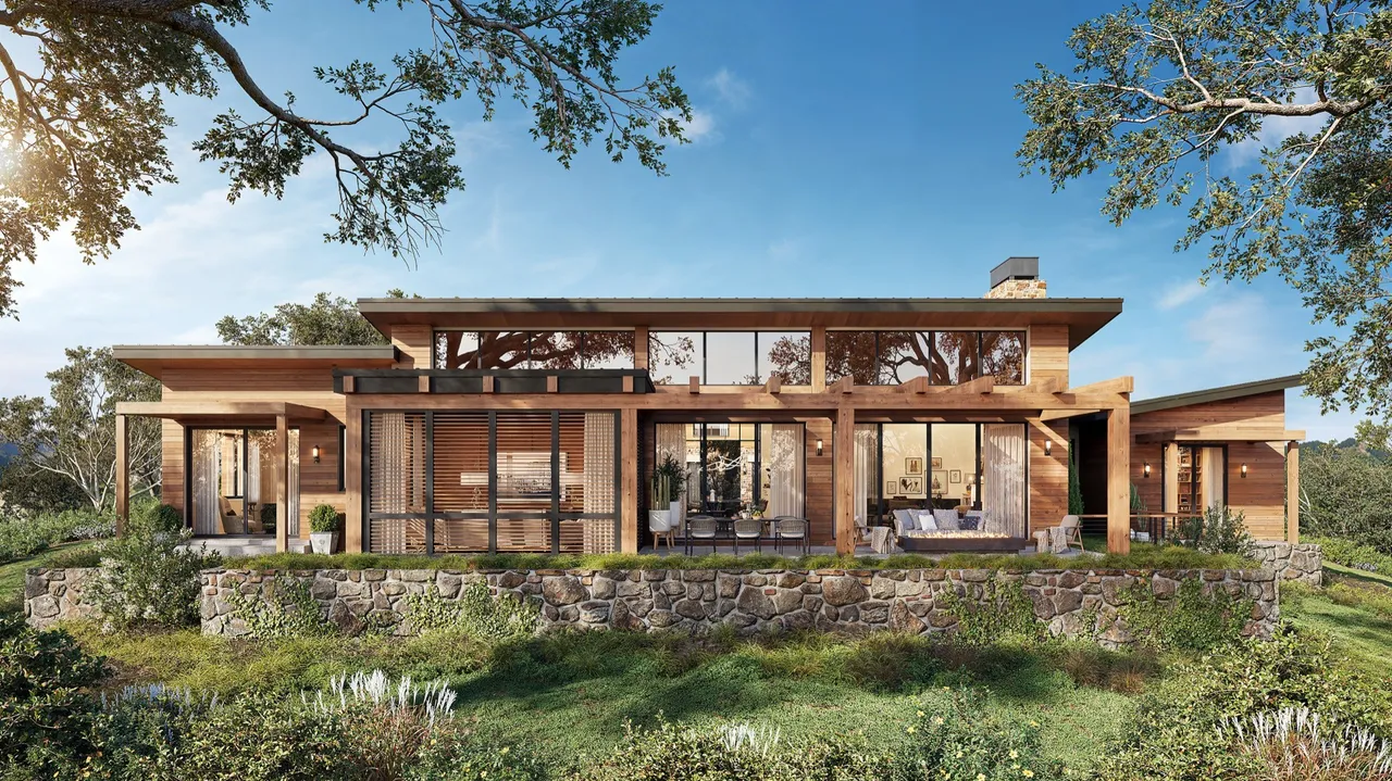 3D exterior rendering of a contemporary single-story wood-clad house with floor-to-ceiling glass walls and a low overhanging roof, set on a landscaped hillside with a stone retaining wall and mature trees