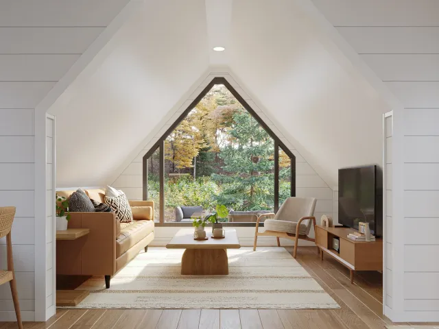 3D architectural rendering of a bright loft‑style living area with A‑frame window framing a forested view and warm wood finishes