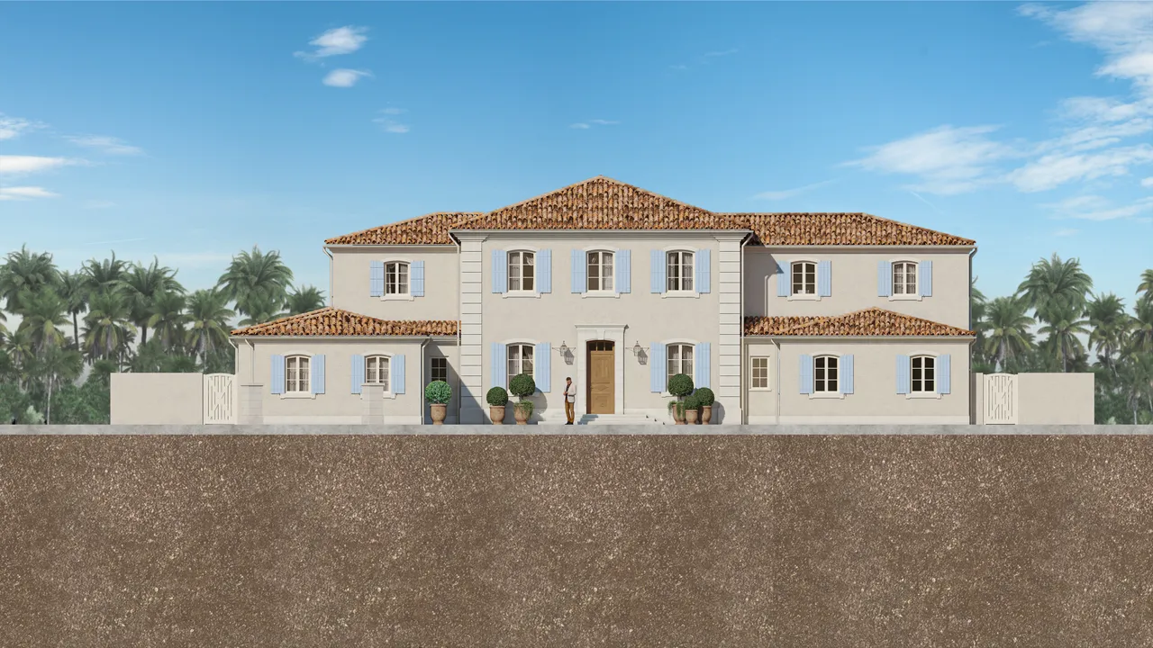 Architectural elevation rendering of the Via Las Brisas residence