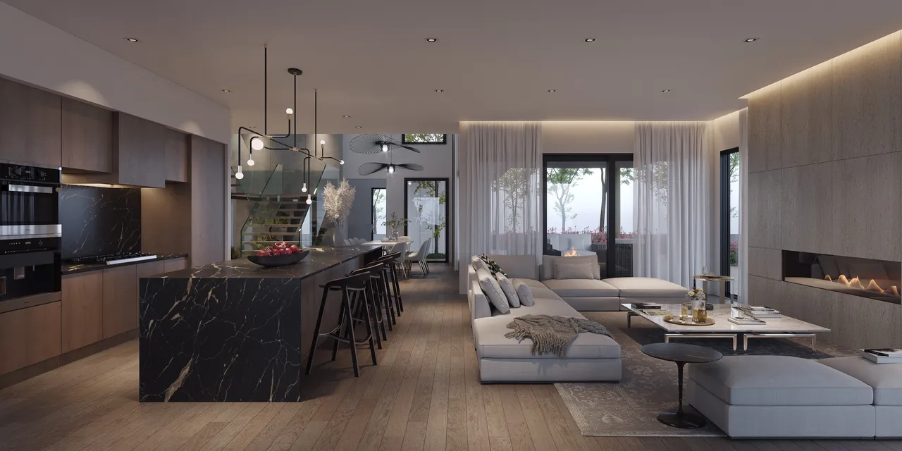 3D visualization of a contemporary open-plan living and kitchen area featuring a long marble island, dark wood cabinetry, a modern fireplace, and soft ambient lighting.