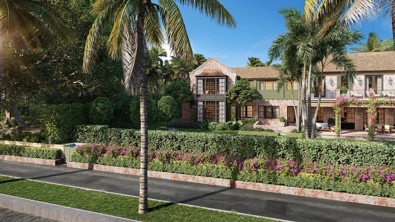 Front street view rendering of the residence at 315 Chapel Hill Road framed by palms