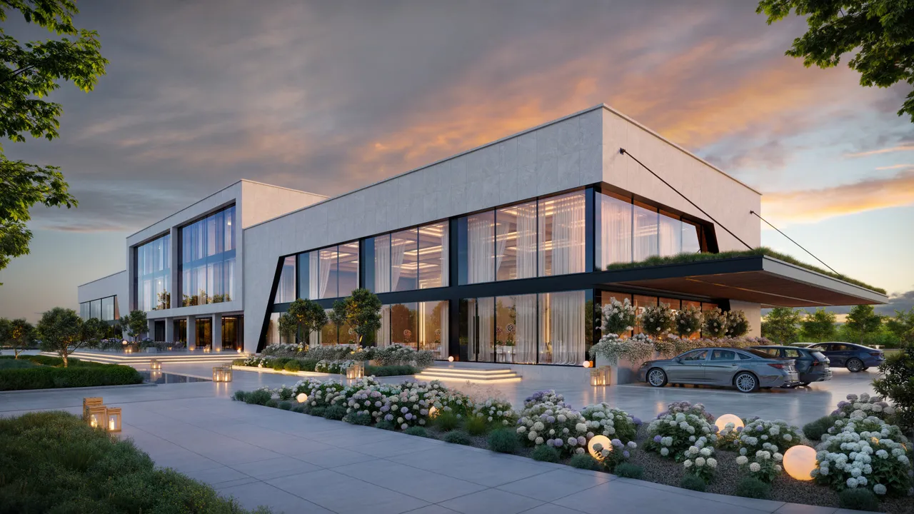 3D exterior rendering of a modern two-story commercial building with a glass facade and landscaped grounds at dusk