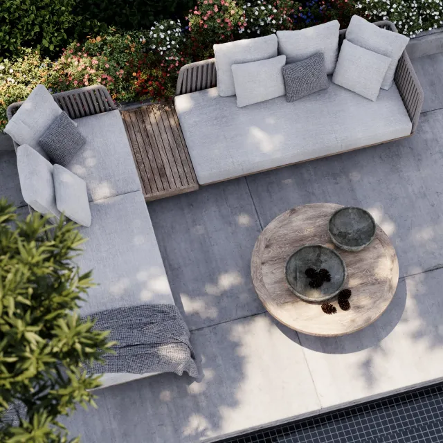 3D rendering of a modern outdoor patio lounge area with designer furniture and greenery