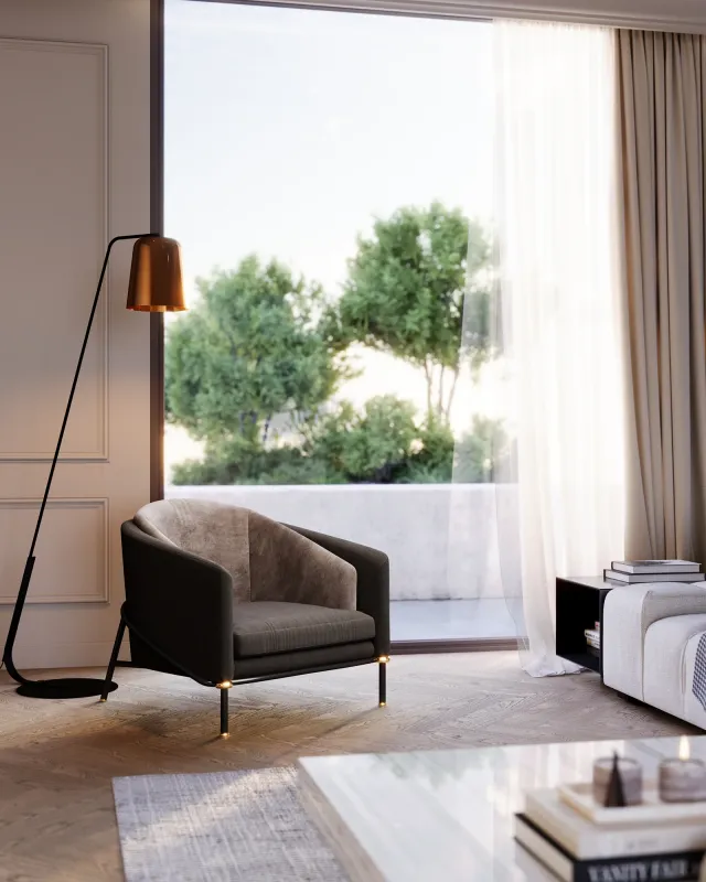 Photorealistic 3D interior rendering of a modern living room showing a cozy armchair by a floor‑to‑ceiling window overlooking trees