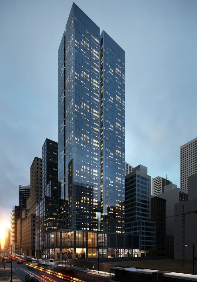 Photorealistic 3D architectural visualization of a high‑rise city tower at dusk