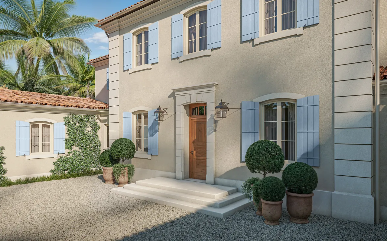 Photorealistic angled view of the main entrance at 228 Via Las Brisas in Palm Beach