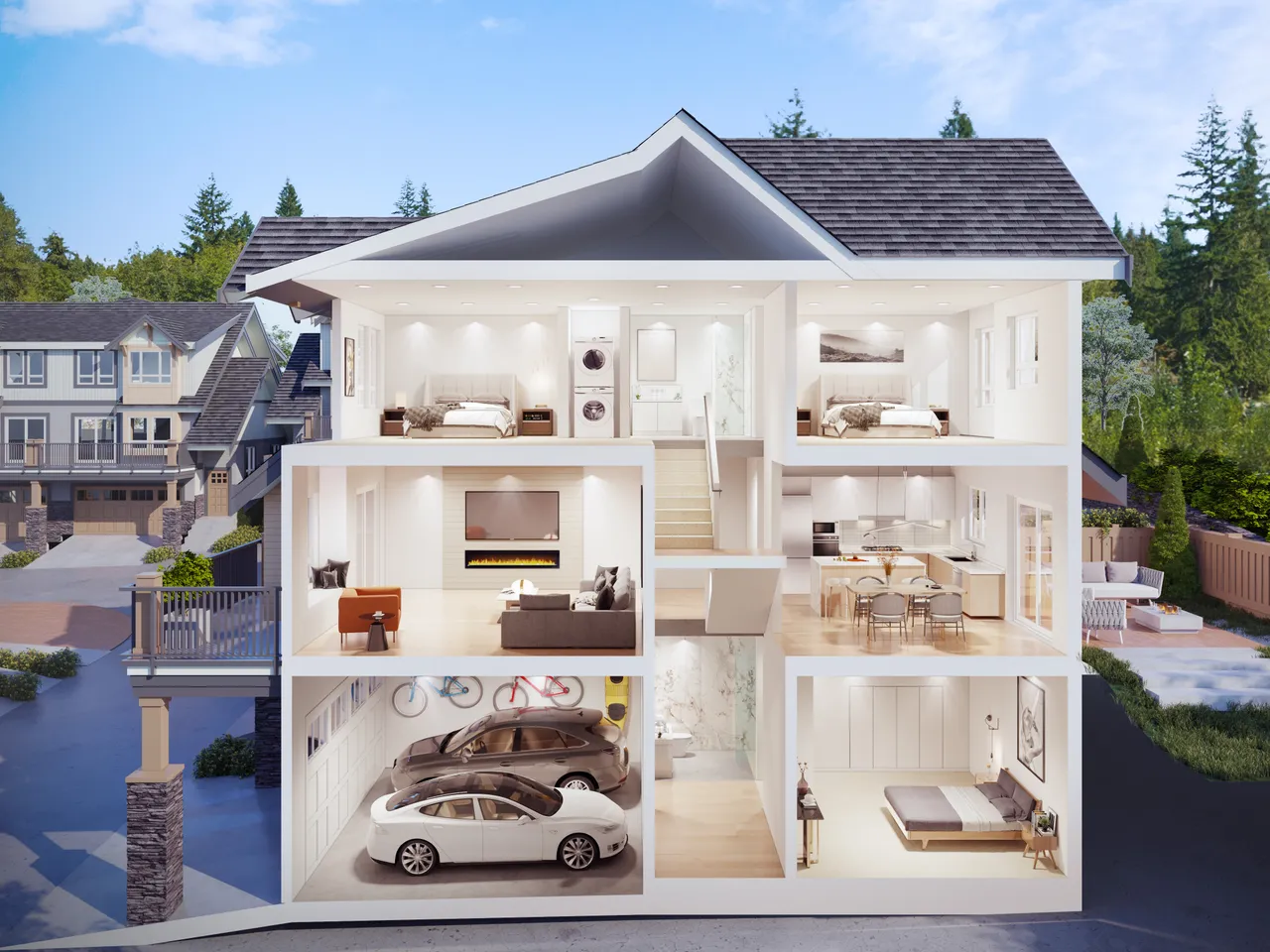 Photorealistic 3D rendering of a modern single-story home featuring wood and dark panel siding, large windows, and a landscaped front yard, set in a lush, forested environment under a clear blue sky.