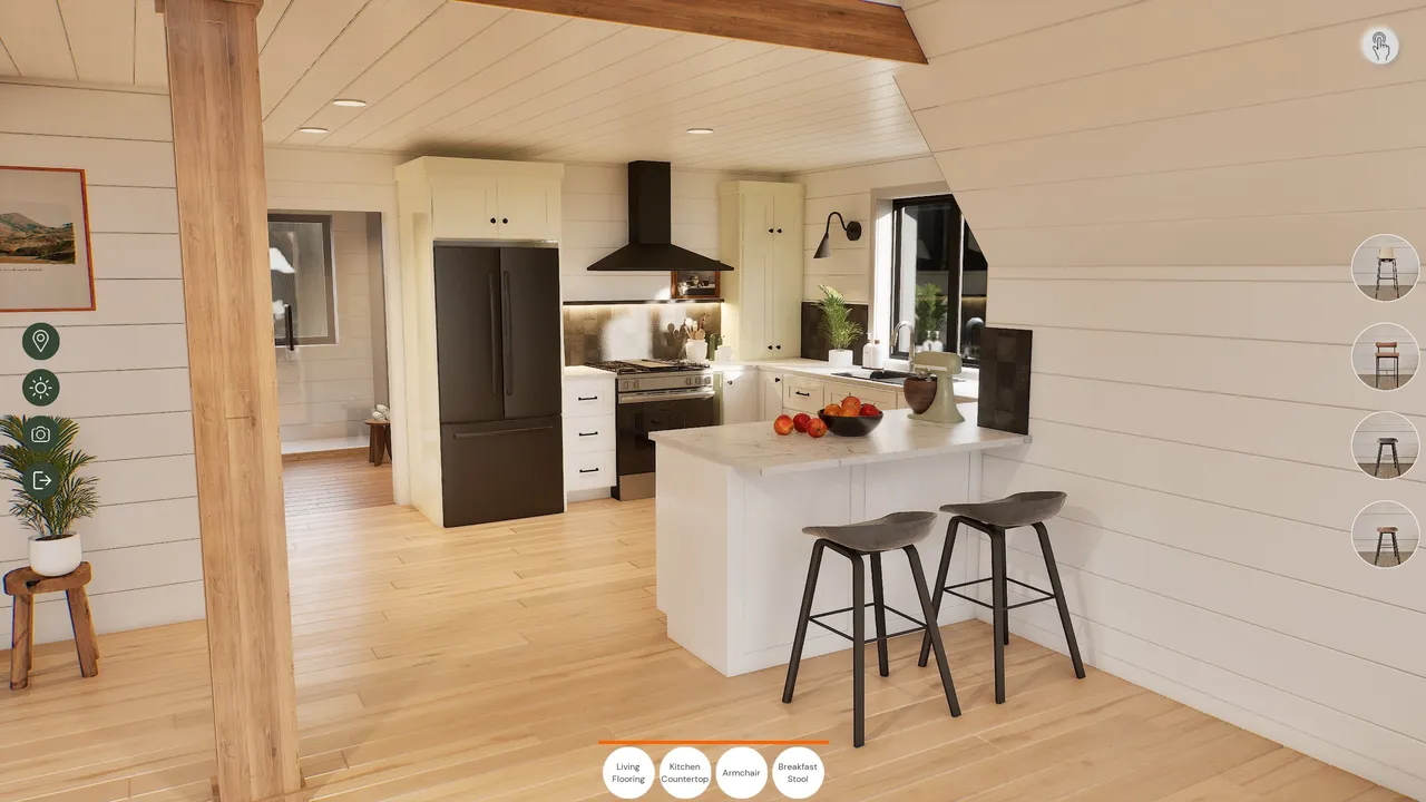 Modern farmhouse kitchen interior with white cabinets, black appliances, wood accents, and a marble countertop island with two dark breakfast stools.