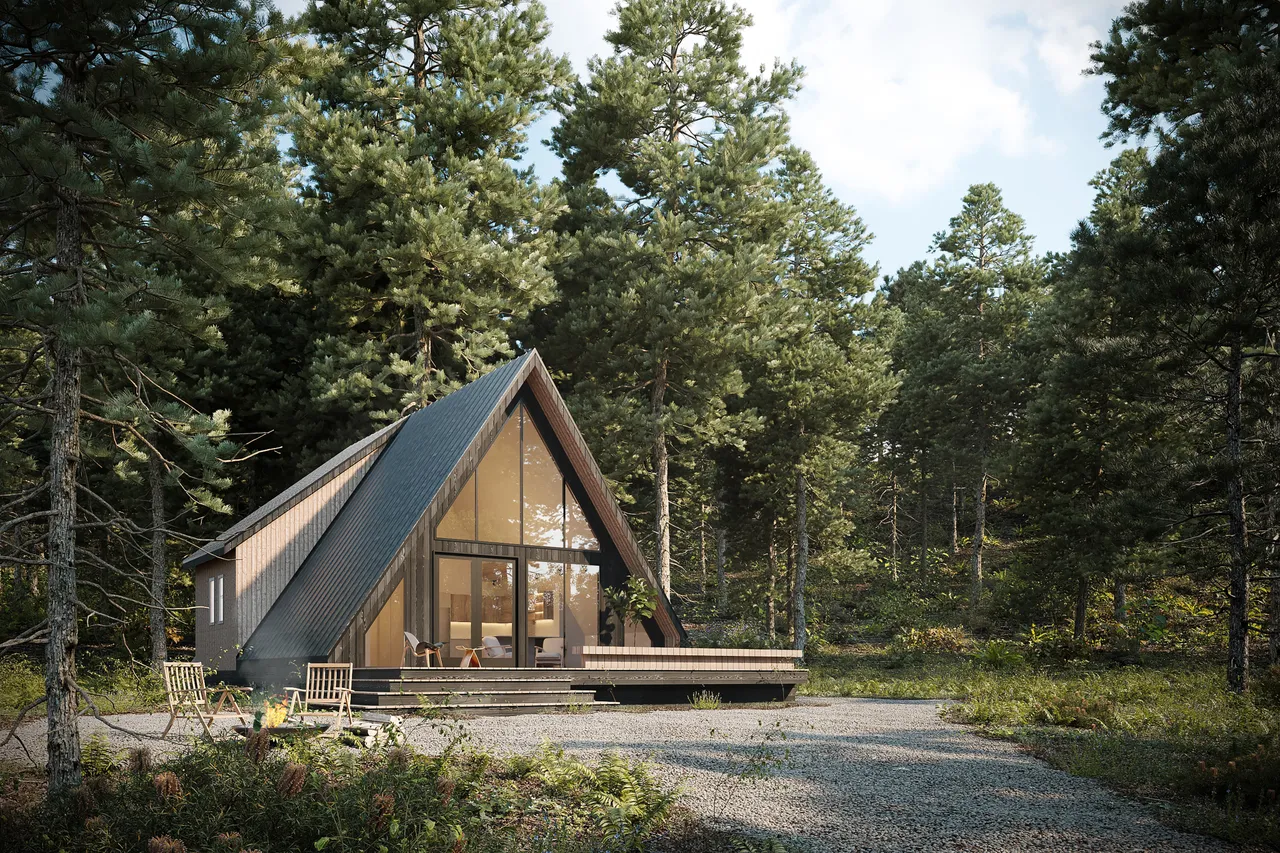 Photorealistic 3D architectural rendering of a modern A‑frame cabin nestled in a lush pine forest