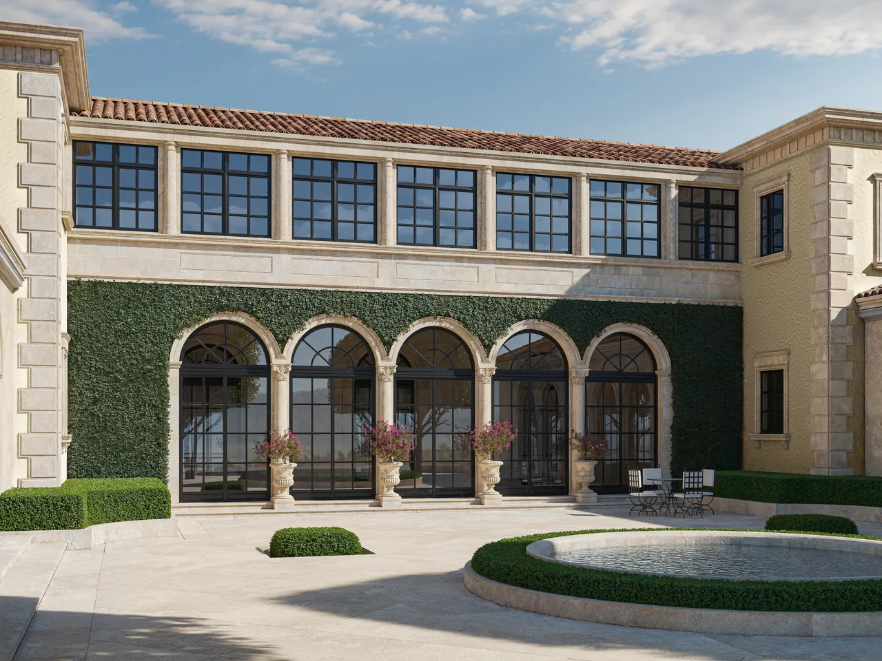 Existing arched loggia exterior before renovation at 1500 S Ocean Boulevard in Palm Beach
