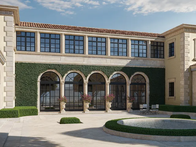 Existing arched loggia exterior before renovation at 1500 S Ocean Boulevard in Palm Beach