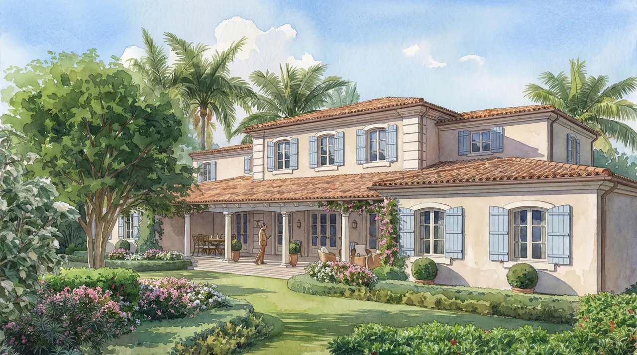 Watercolor exterior view of the landscaped Via Las Brisas residence