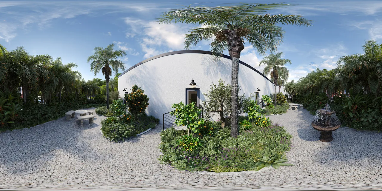 360 Tour panorama of an exterior scene covered with nice vegetation on a sunny day.
