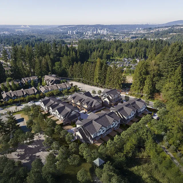 Drone view of a suburban residential development nestled in lush greenery, overlooking distant urban skyline and mountain range.