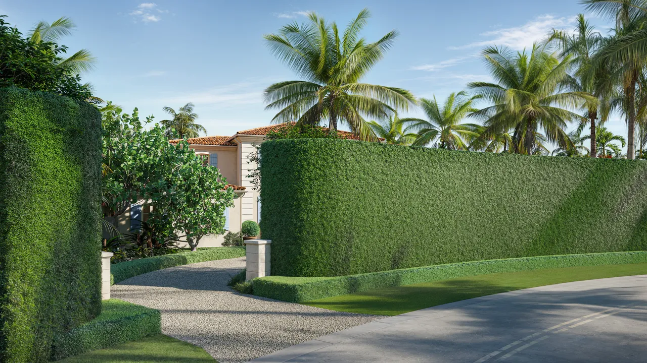 Street view rendering of the Via Las Brisas residence behind palms and hedges