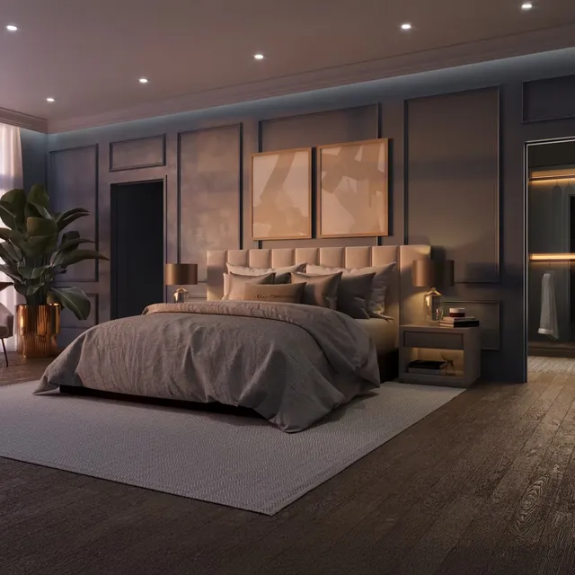 Luxurious master bedroom with tufted headboard, moody wall paneling, ambient recessed lighting, and elegant modern decor.