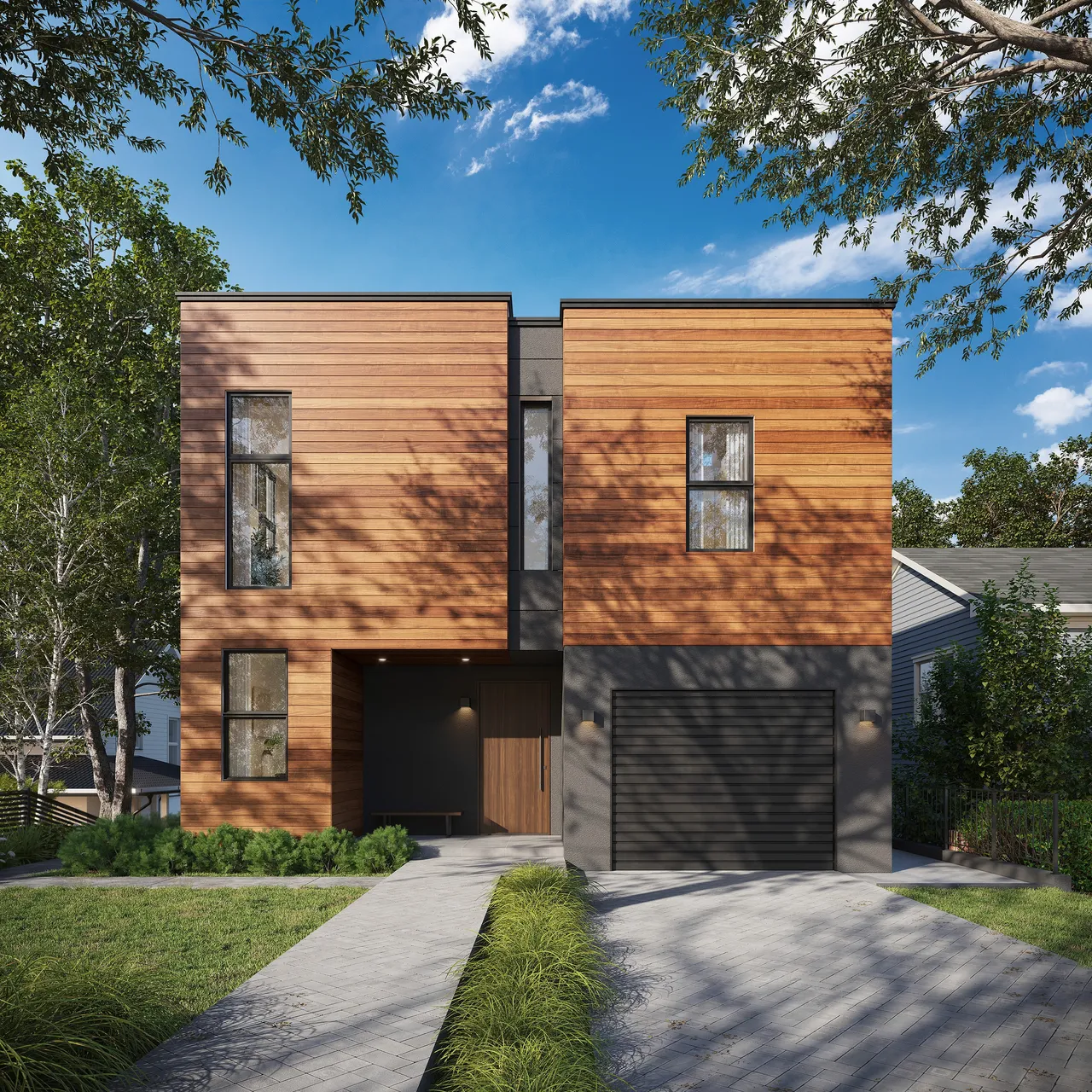 Photorealistic 3D rendering of a modern single-story home featuring wood and dark panel siding, large windows, and a landscaped front yard, set in a lush, forested environment under a clear blue sky.