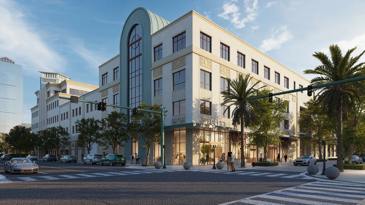 Photorealistic front exterior rendering of the custom home at 903 Upland Road in West Palm Beach