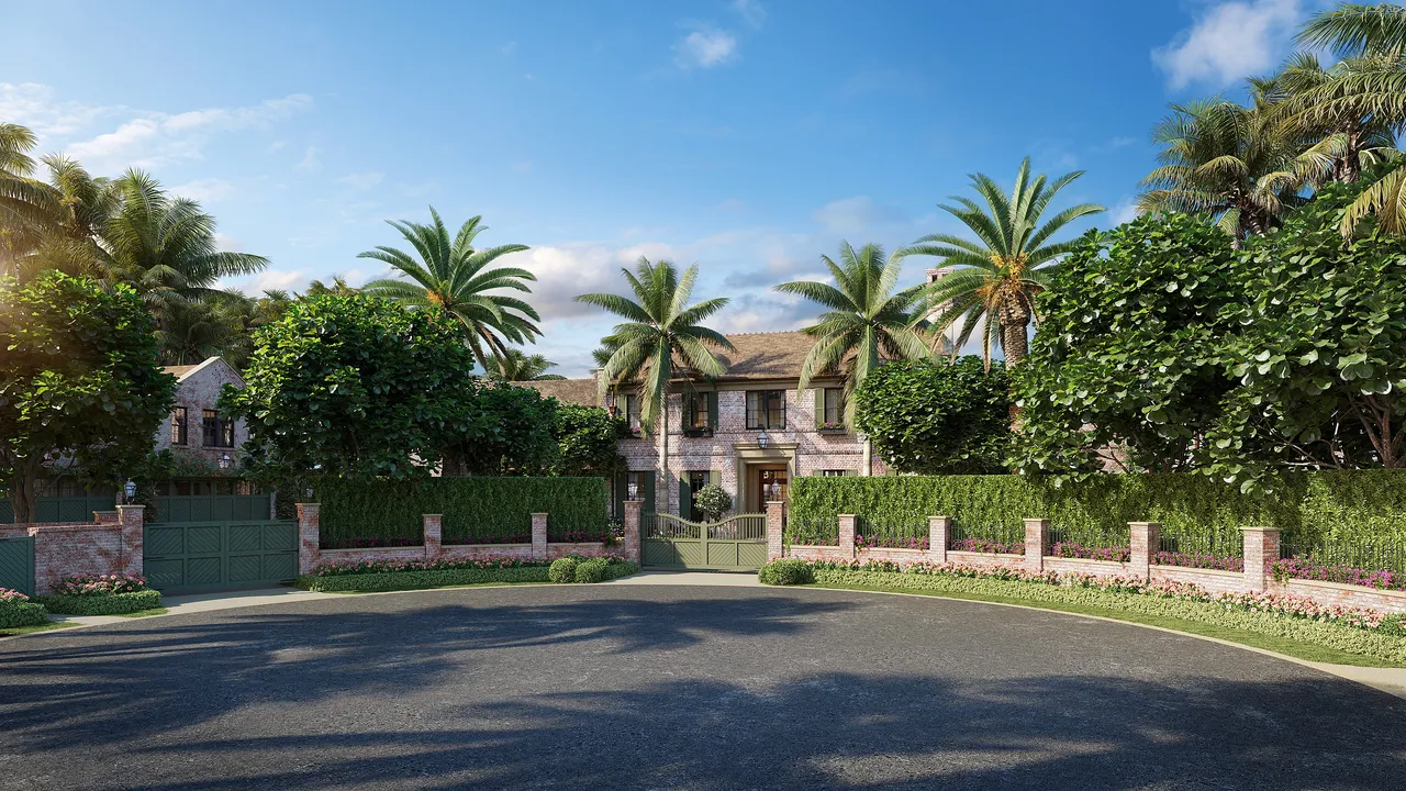 Wide street view of the Chapel Hill Road residence behind its entrance wall and palms