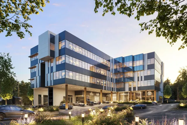 Photorealistic 3D architectural rendering of a glass‑fronted office building with landscaped plaza