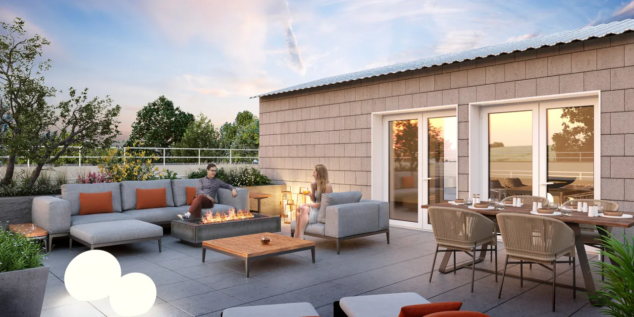 3D rendering of a rooftop terrace lounge at sunset with a couple seated by a linear fire pit, modular sofas, an outdoor dining table, and glowing globe lights overlooking the countryside