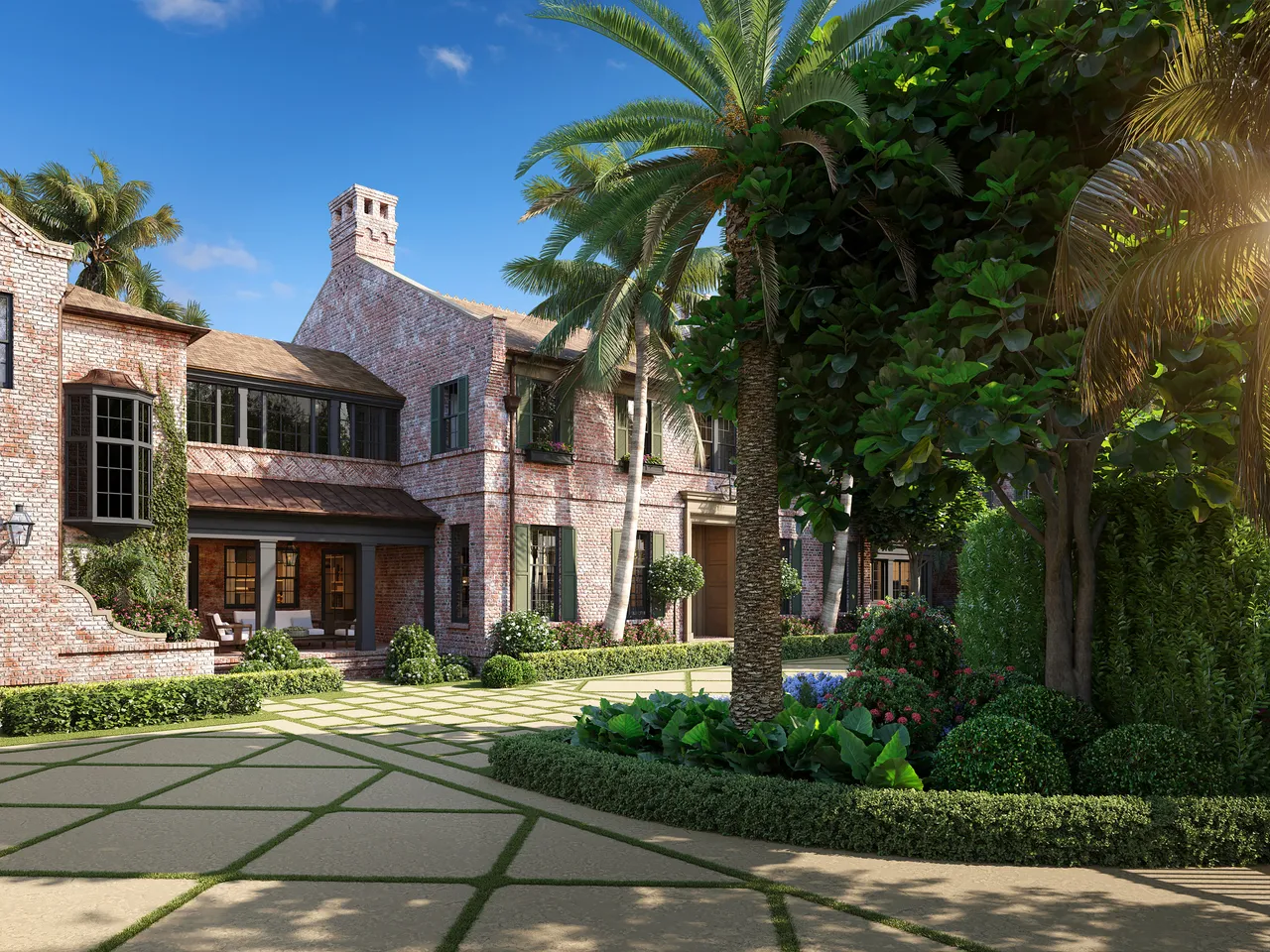 Driveway and front-side exterior rendering of the West Palm Beach residence
