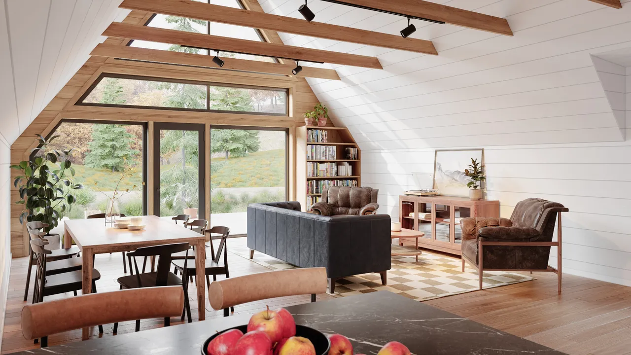Photorealistic 3D rendering of a vaulted living and dining room with exposed wooden beams, white shiplap walls, a wooden dining table, and large glass doors leading to a leafy outdoor patio.