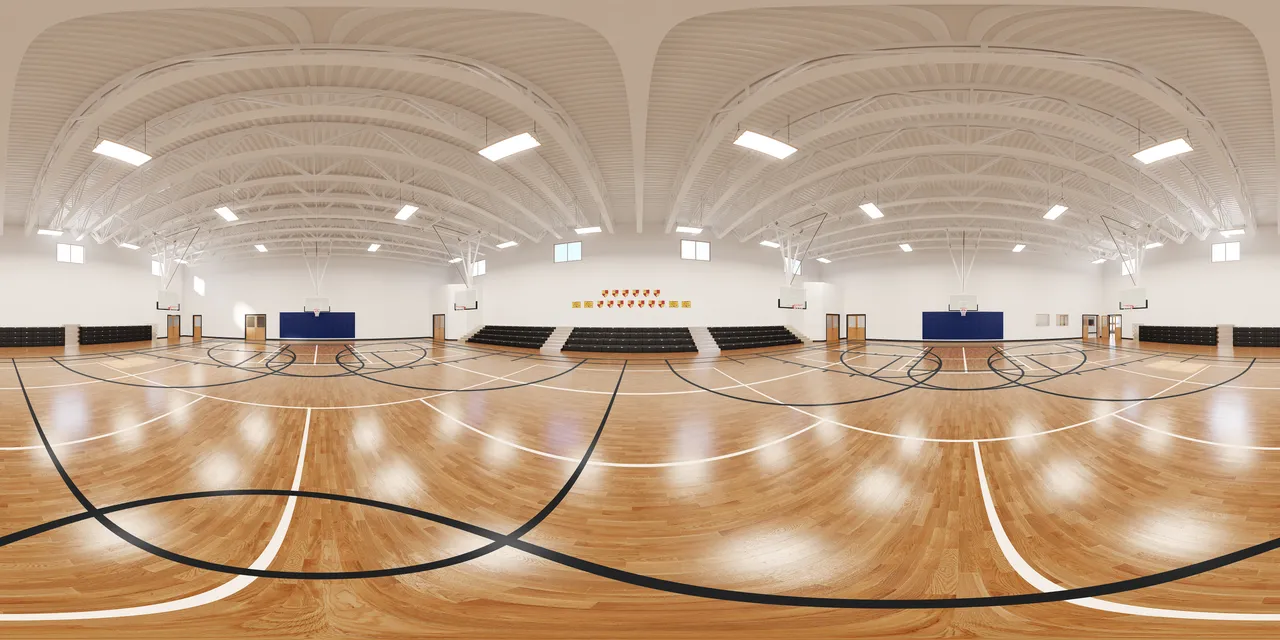 360 Tour Panorama of a Basketball court interior scene with wooden floor and white walls and ceiling.