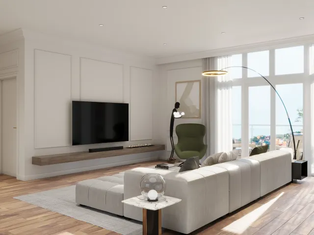 High‑quality architectural visualization of a contemporary living room featuring a low‑profile sofa, floor lamp, and minimalist media console