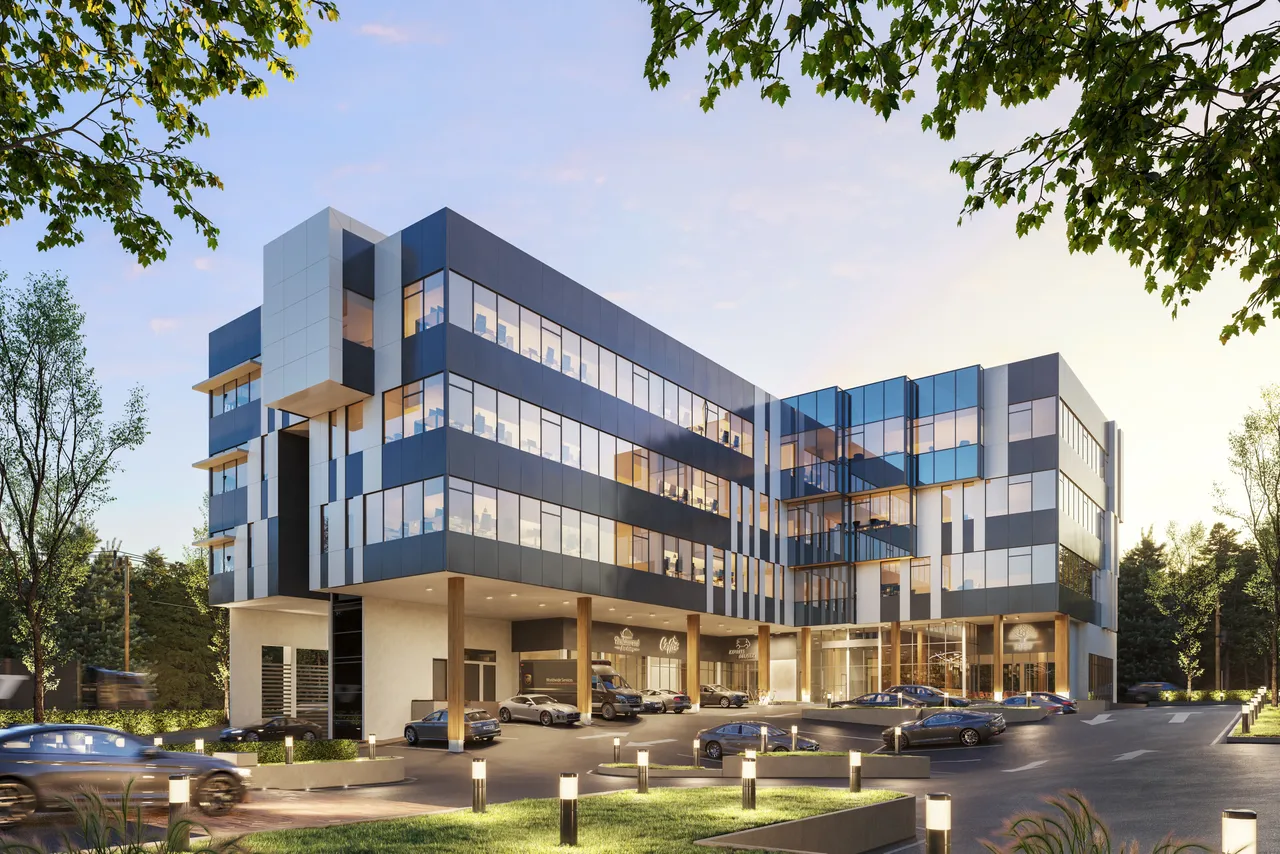 Architectural rendering of a sleek, multi-story commercial building with reflective glass windows, a central entrance plaza, and cars parked around the front driveway at dusk.