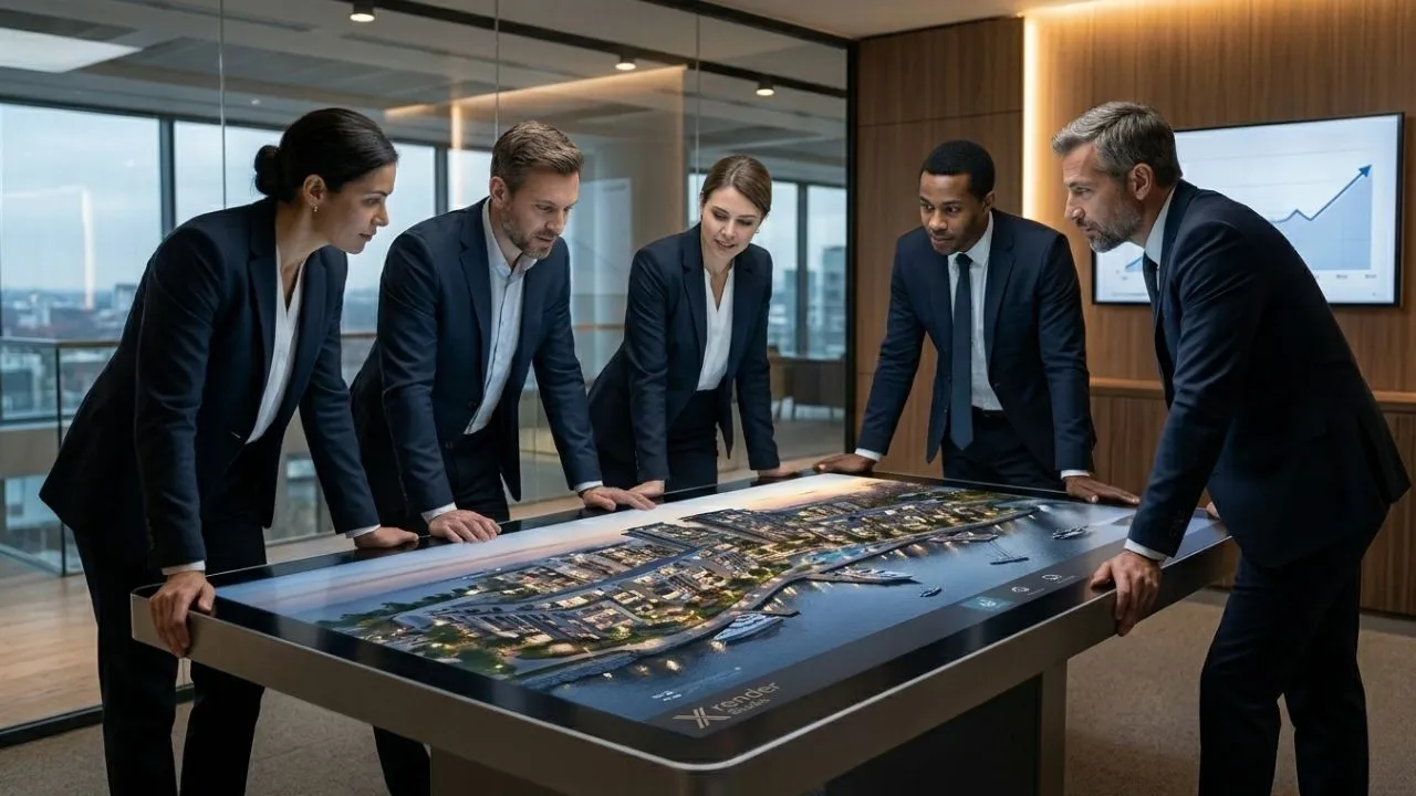 Architects and developers reviewing a 3D city model visualization on an interactive table