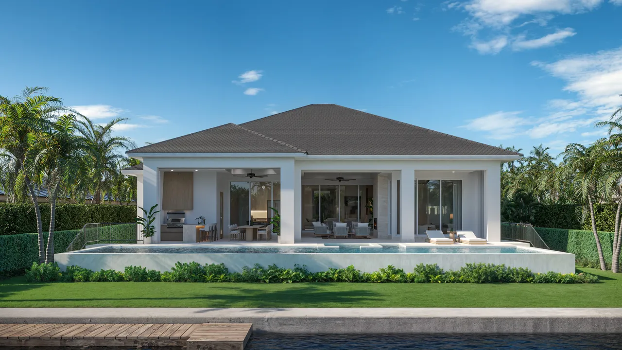 Rear exterior and pool pavilion rendering of the Curlew Avenue residence