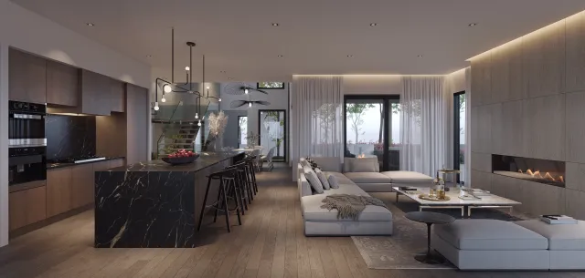 Photorealistic 3D rendering of a sleek living room with low‑profile seating, ambient lighting, and a built‑in fireplace
