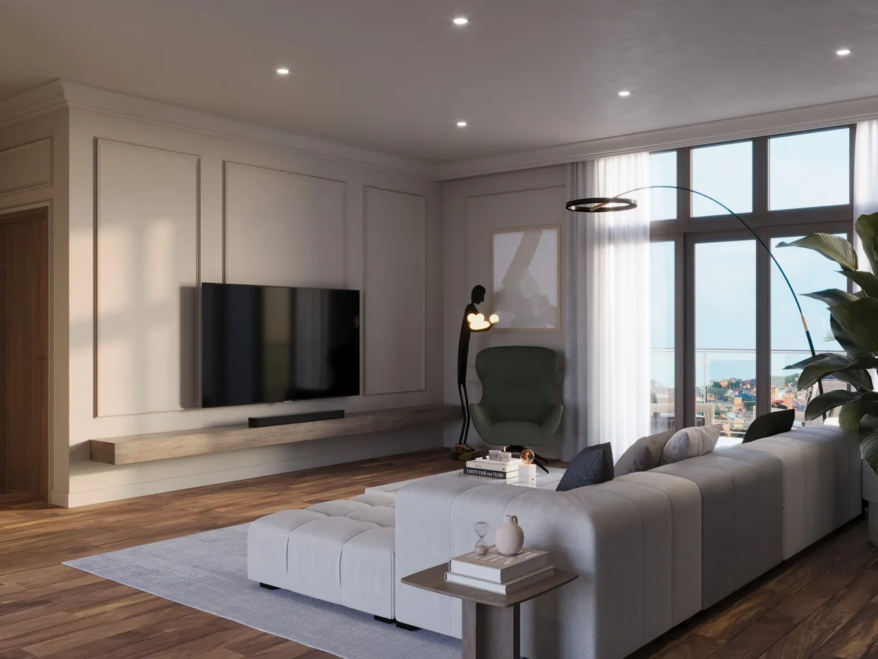 Photorealistic 3D interior rendering of a modern living room with a light‑grey sectional sofa, tufted ottoman, arched floor lamp, wall‑mounted flat‑screen TV, and floor‑to‑ceiling windows overlooking the city skyline.